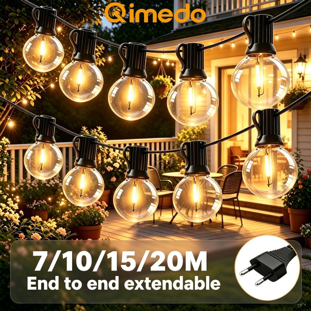 Qimedo ไฟสายLED G40 กลางแจ้ง 220V ขาวอุ่น2700K ลูกแก้ววินเทจ กันน้ำ ไฟประดับลาน-ระเบียง ไฟตกแต่งสวน แคมป์ปิ้ง งานเลี้ยง