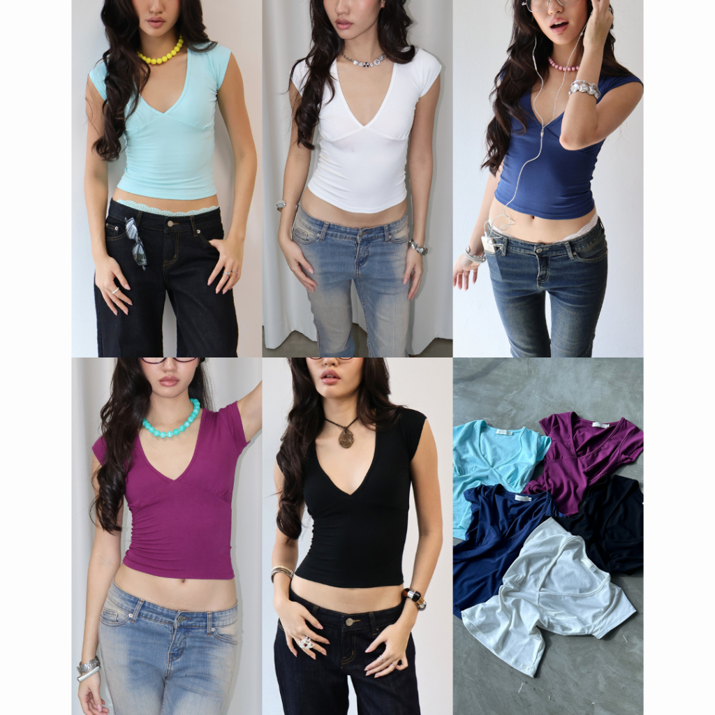 Ame.co.th | Ame Deep Neck Tee | เสื้อยืดคอวีลึก แขนล้ำ ทรงเข้ารูป
