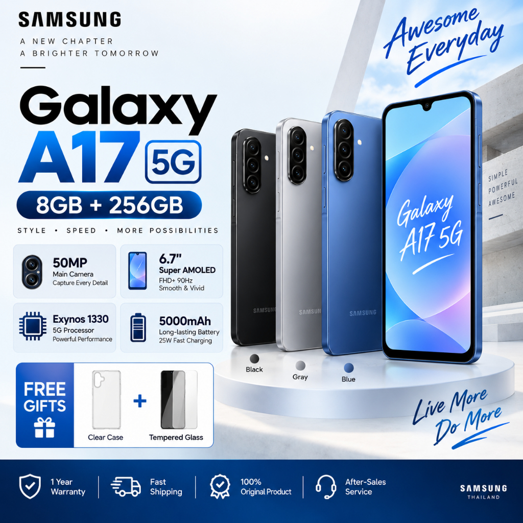 Samsung Galaxy A17 5G 8GB+256GB โทรศัพท์มือถือ 5G กล้อง 50MP แบตเตอรี่ 5000mAh หน้าจอใหญ่