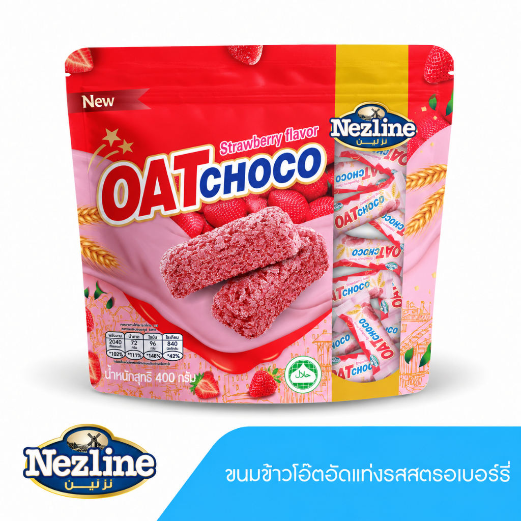 Nezline ขนมข้าวโอ๊ตอัดแท่ง รสสตอเบอร์รี ตราเนสไลน์ 400 กรัม Oat Choco Strawberry