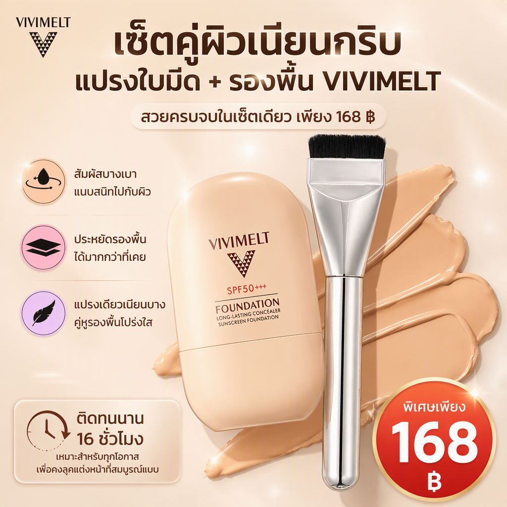 เซ็ตรองพื้น+พัฟ VIVIMELT เนื้อเนียน ปกปิดขั้นเทพ กันแดด ติดทนนาน 16 ชม. ใช้ได้ทุกโอกาส อ่อนโยนต่อผิวบอบบาง