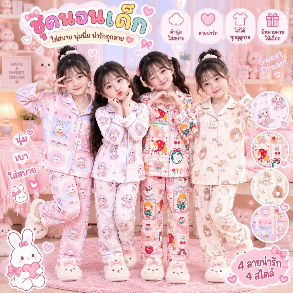 BB168 ชุดนอนเด็กหญิงแฟชั่น ลายการ์ตูน ชุดนอนแขนยาวขายาว นุ่มเบา ใส่นอนสบาย พร้อมส่ง