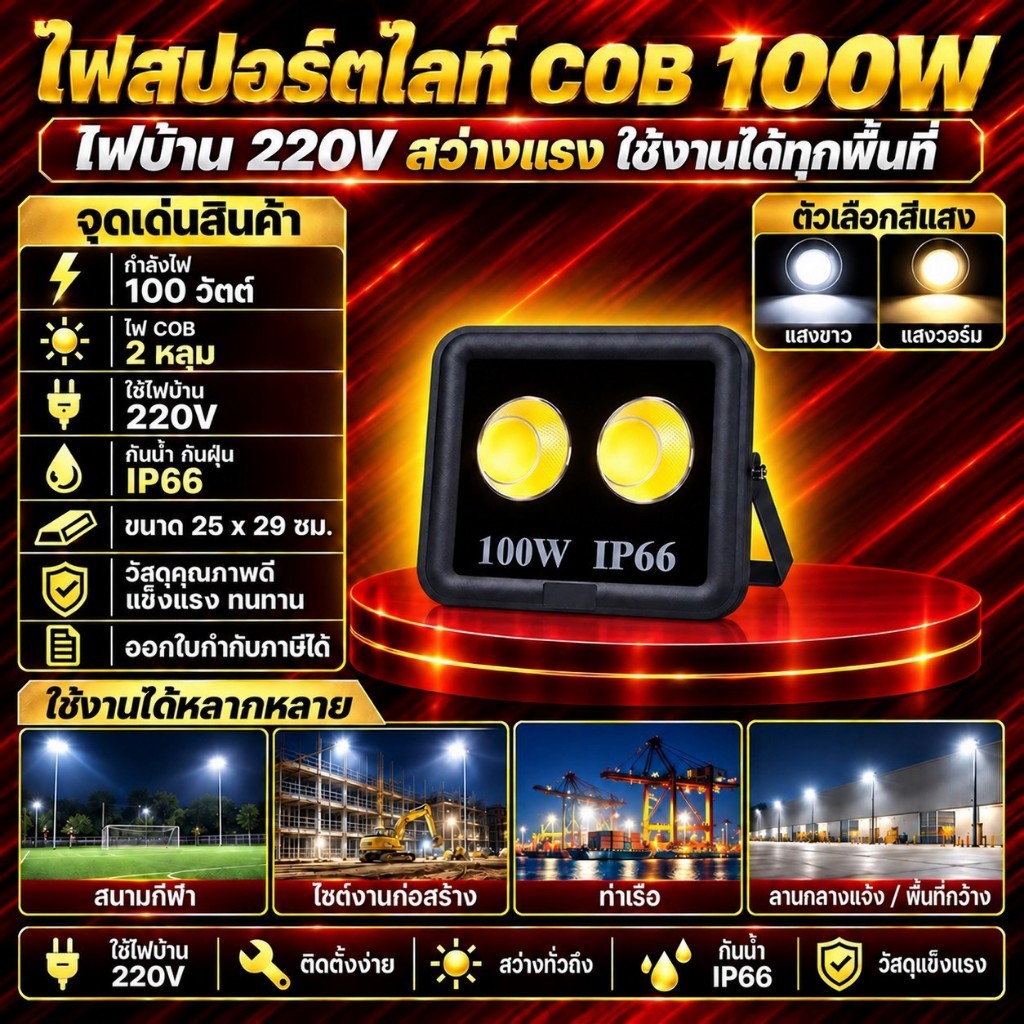สปอร์ตไลท์ LED 100W Spotlight ขาว วอร์ม Flood Light โคมไฟแอลอีดีสปอตไลท์ Spot Ligh (รุ่นCOB 2023 แบบกลม)