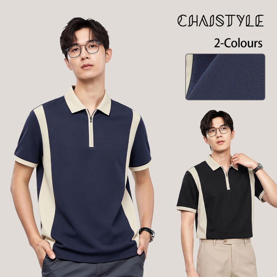 Chaistyle เสื้อโปโลชาย ปกเสื้อพลิก แขนสั้นซิปครึ่ง ผ้าระบายอากาศ เย็น การต่อผ้าสีตัดกัน หลวมสบาย แฟชั่น การพักผ่อน