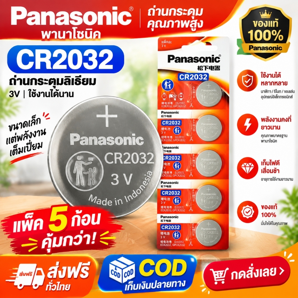 ถ่านกระดุม Panasonic CR2032 ถ่านกระดุม Panasonic CR2032 ของแท้ ถ่านกระดุม CR2032