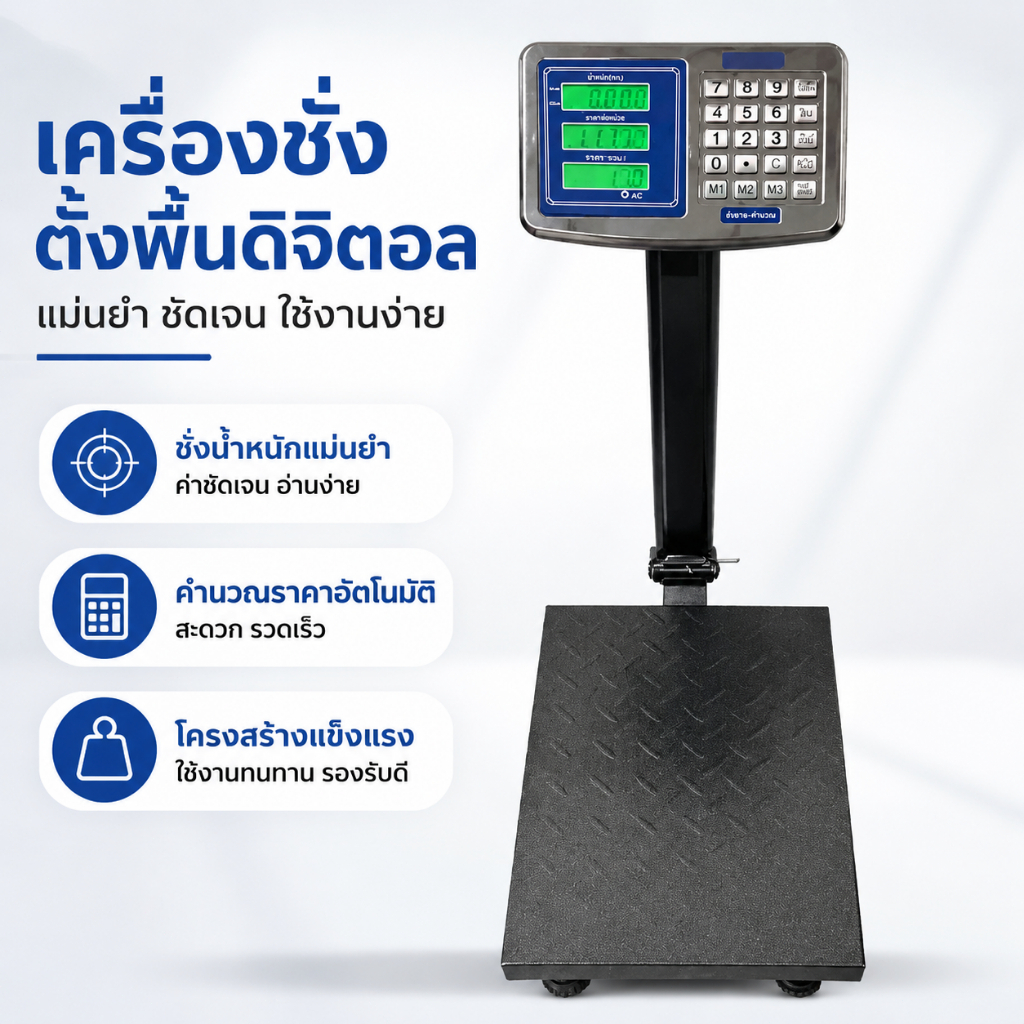 เครื่องชั่งตั้งพื้น 150/300/500 กก. คิดราคาอัตโนมัติ จอ LED 3 ช่อง สำหรับร้านค้าและคลังสินค้า