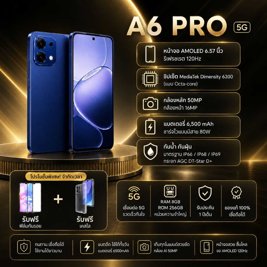 A6 Pro 5G RAM 8GB ROM 256GB จอ AMOLED 120Hz แบต 6500mAh ชาร์จ 80W กล้อง 50MP ฟรีฟิล์ม+เคส