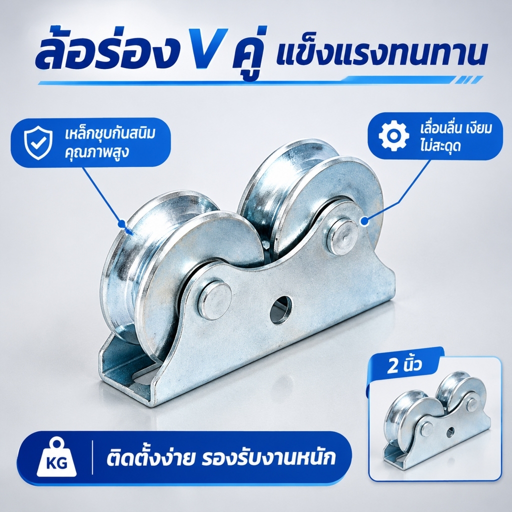 ชุดล้อคู่สแตนเลส304 3นิ้ว ร่องV/ร่องฉาก ใช้ประตูรั้ว (ล้อ2+เสื้อ1ชุด) กันสนิม แข็งแรง ทนทาน หมุนเนียน ติดตั้งง่าย