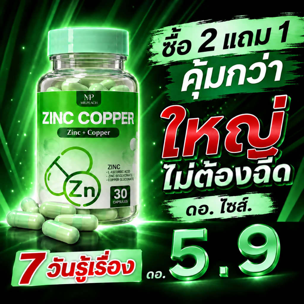 1 แถม 1 ซิงค์คอปเปอร์ ZINC COPPER สูตรผู้ชาย Zinc + Copper + B6 ดูแลสุขภาพและเสริมสารอาหาร 30 แคปซูล