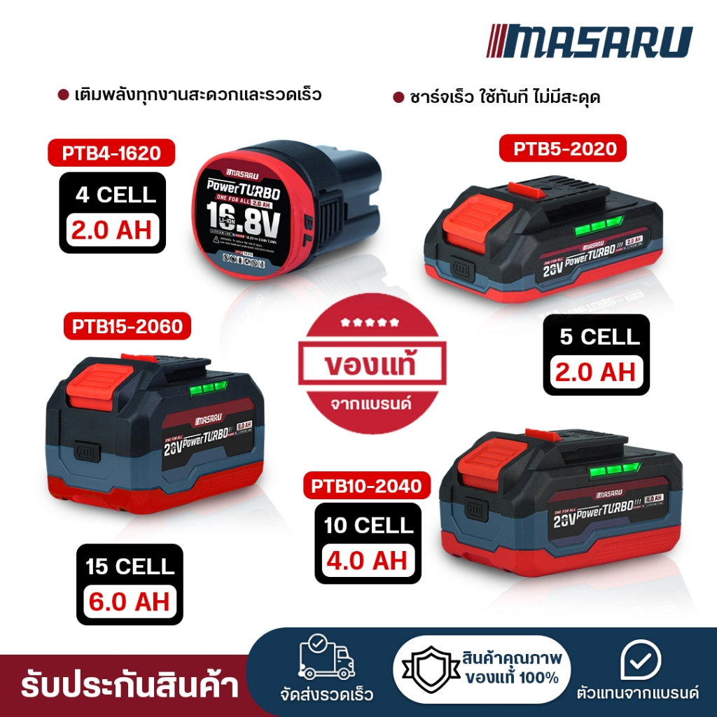 MASARU แบตเตอรี่สำรอง POWER TURBO 20V 2.0Ah/4.0Ah/5.0Ah แบตเตอรี่ แบตเตอรี่ลิเธียม ใช้งานกับเครื่องมือช่าง ไร้สาย (ไม่แถ