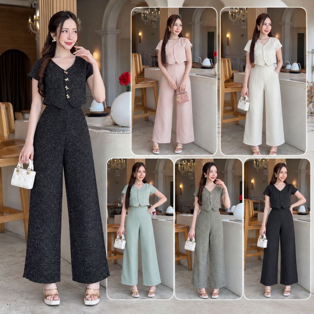 [S-XXL] ชุดเซ็ทเสื้อครอปปลายชายแหลมและกางเกงกระบอกขายาว