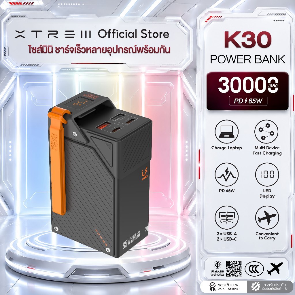 [CCC] UKIKI K30 พาวเวอร์แบงค์ Powerbank 30000mAh PD65W พาวเวอร์แบงค์ชาร์จเร็ว 4พอร์ต USB-C/USB-A ชาร