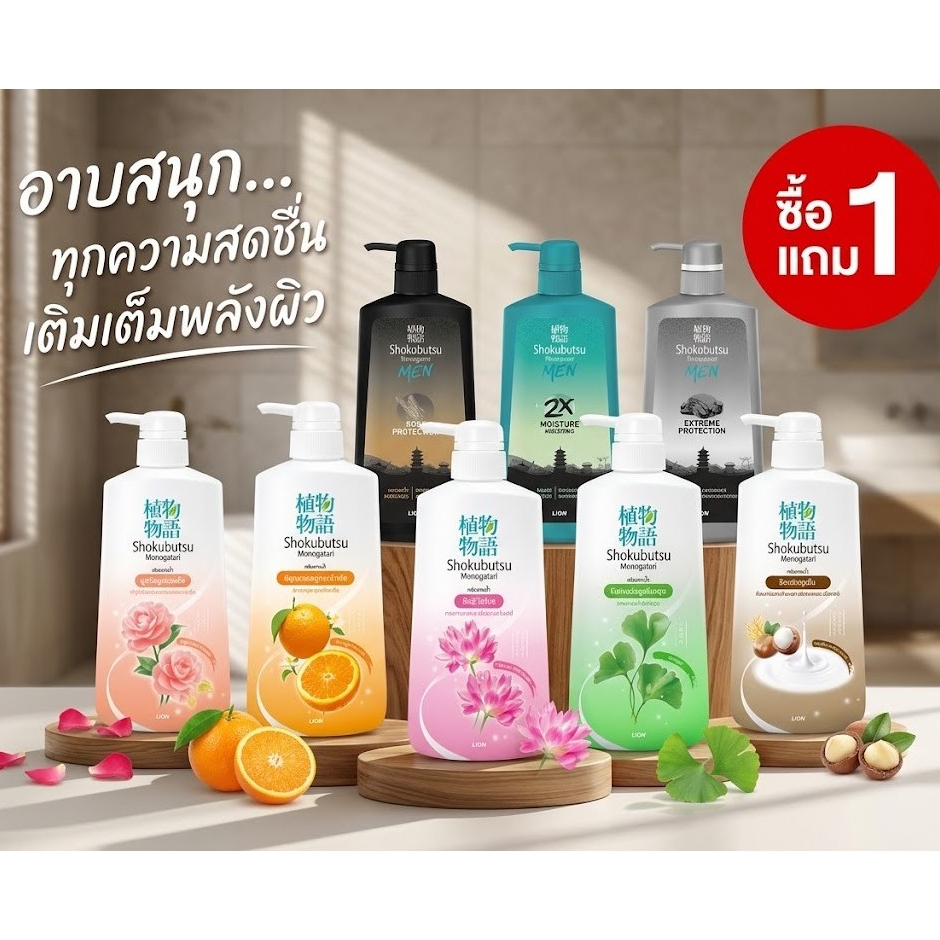 [โฉมใหม่] [1 ฟรี 1] SHOKUBUTSU ครีมอาบน้ำ โชกุบุสซึ ขวดปั๊ม 400 มล.