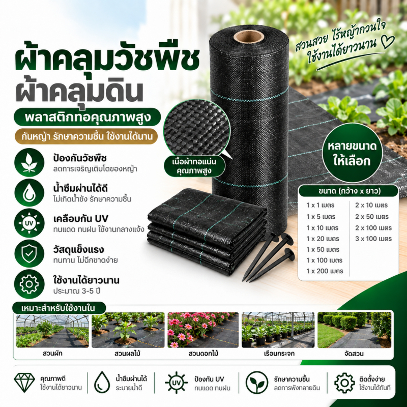 ผ้าคลุมวัชพืช ผ้าคลุมดิน พลาสติกคลุมหญ้า แผ่นกันหญ้า PP กันUV น้ำซึมผ่านได้ สำหรับสวน เกษตร หลายขนาด
