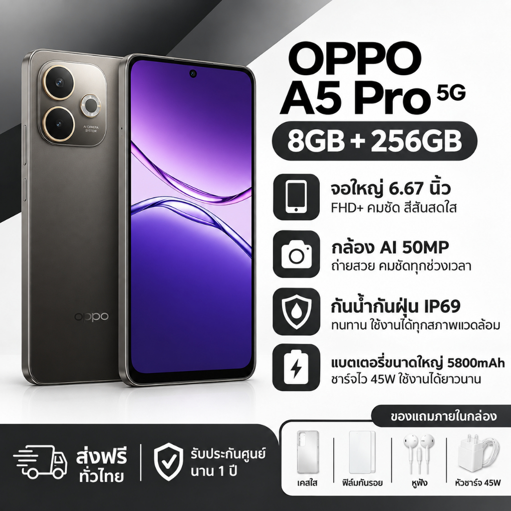 Oppo A5 Pro 5G โทรศัพท์ (8GB+256GB) 6.67 นิ้ว แบตอึด 5800mAh ชาร์จไว 45W รับประกัน 1 ปี
