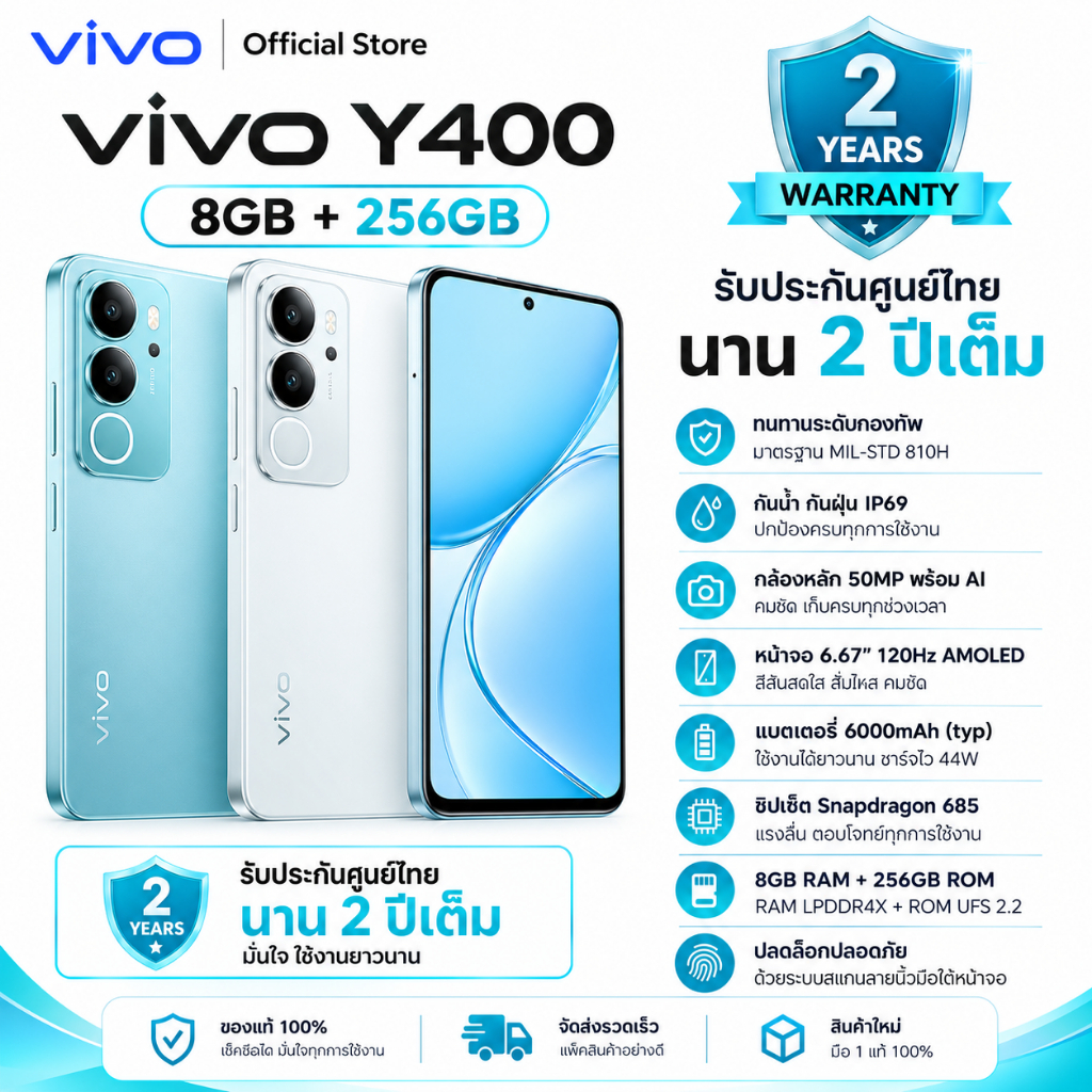 ใหม่! Vivo Y400 5G (เครื่องศูนย์) 8GB/256GB | หน้าจอ AMOLED 120Hz | กล้อง 50MP | แบตเตอรี่ 6000mAh |