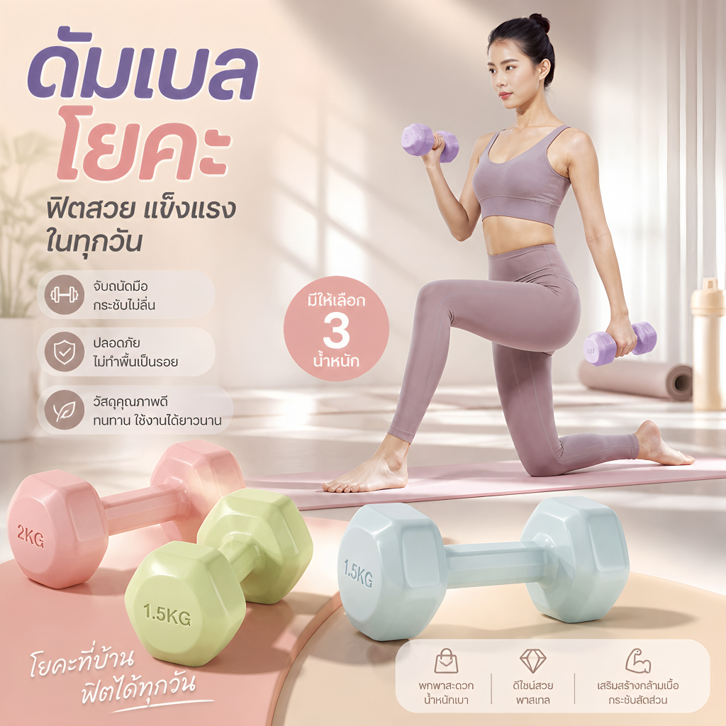 ดัมเบลหกเหลี่ยมสีพาสเทล ดัมเบลคู่ 1kg 2kg 3kg ไม่กลิ้ง ไม่เป็นรอย ฟรีถุงมือออกกำลังกาย อุปกรณ์ฟิตเนสที่บ้าน