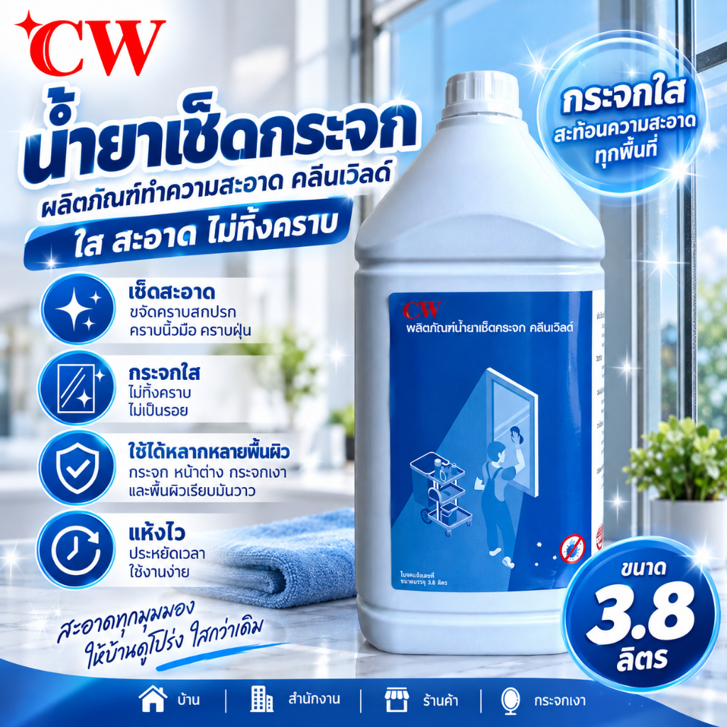 CW น้ำยาเช็ดกระจก 3.8 ลิตร น้ำยาทำความสะอาดกระจก เช็ดใสไม่ทิ้งคราบ สำหรับกระจกและพื้นผิวกระจก