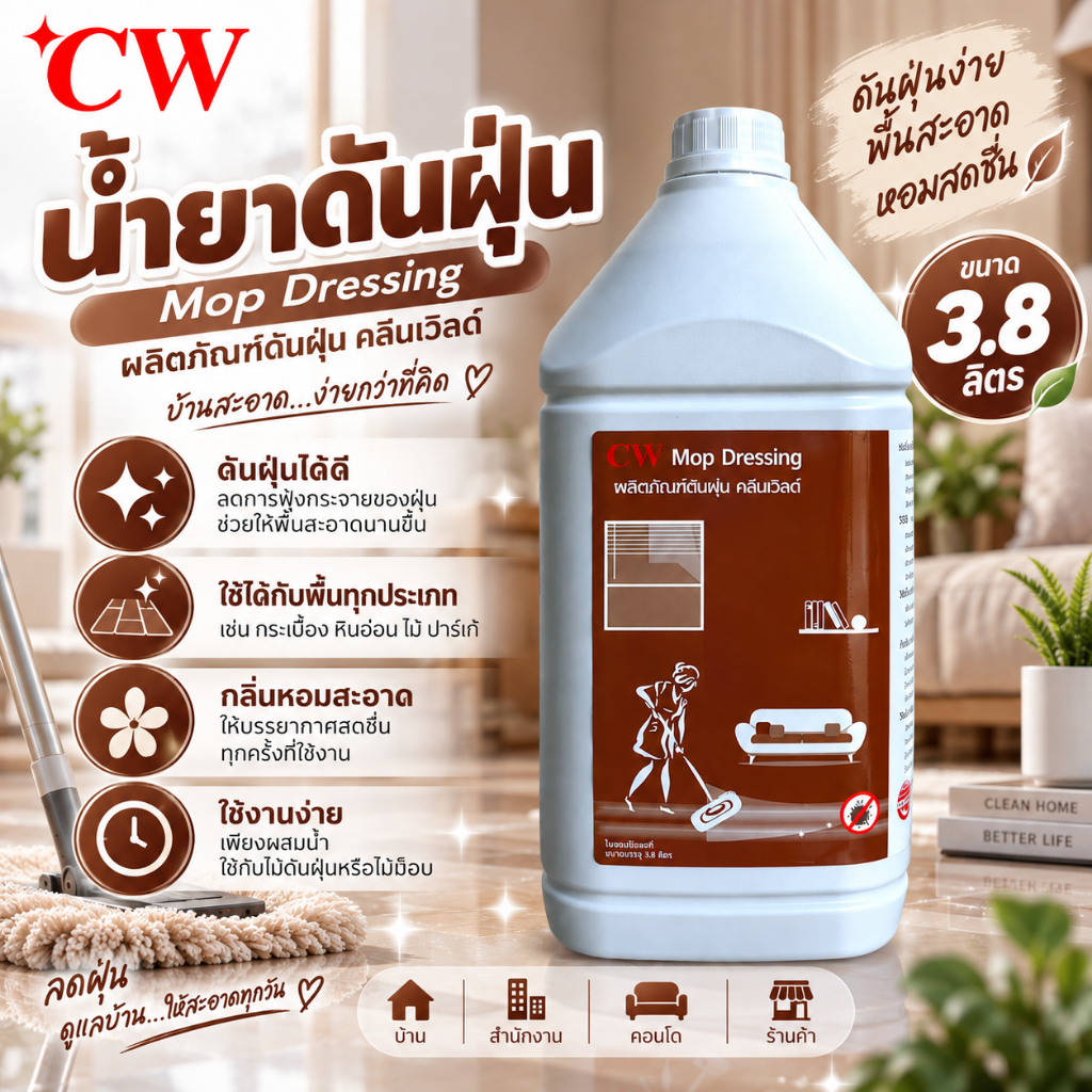 CW น้ำยาดันฝุ่น 3.8 ลิตร น้ำยาดันฝุ่นพื้น Mop Dressing ช่วยจับฝุ่น เก็บฝุ่น สำหรับไม้ดันฝุ่น