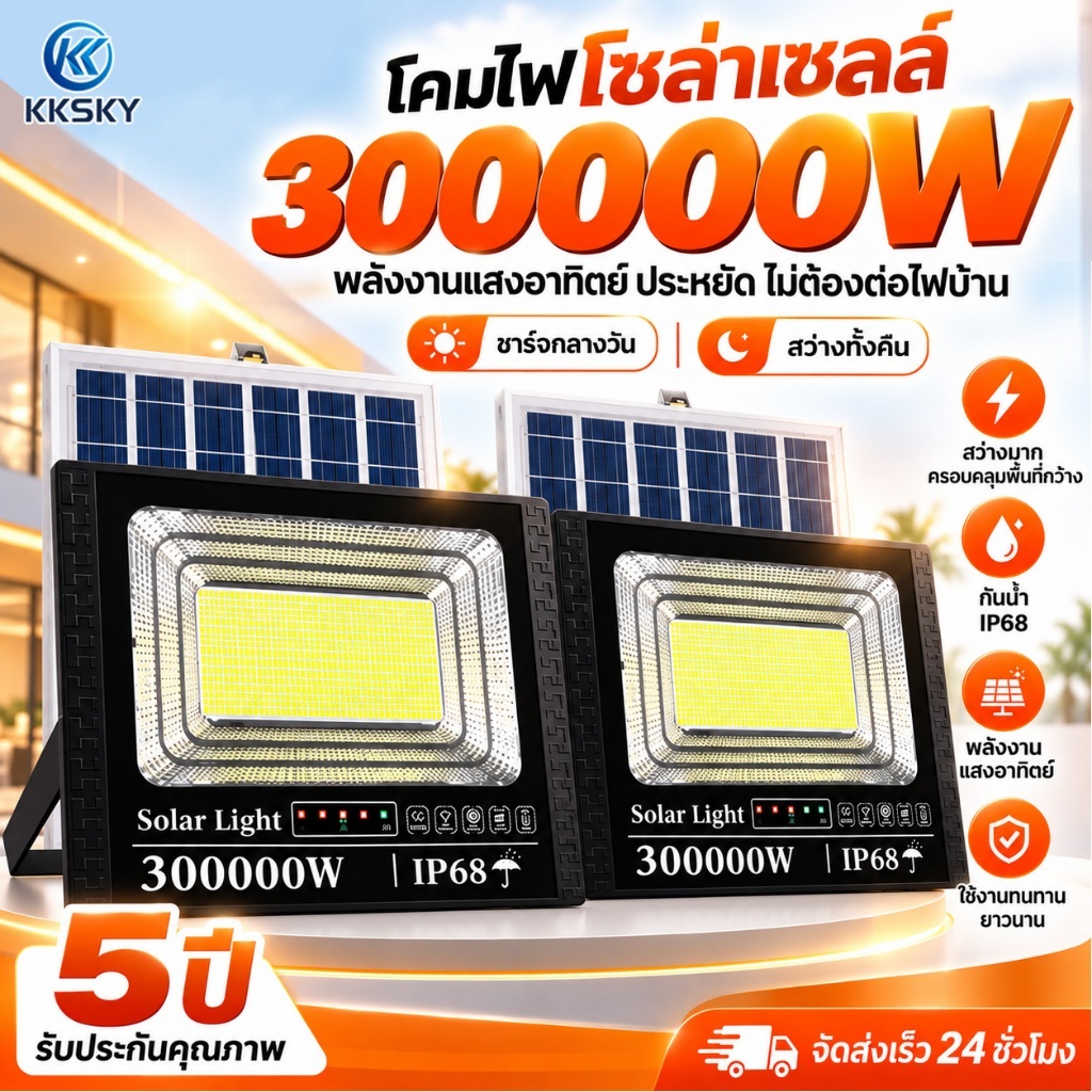 KKSKY ซื้อ 1 แถม 1 ไฟสปอตไลท์ 300000W LED โซล่าเซลล์ IP67 กันน้ำกันฟ้าผ่า ทำงานเปิดปิดอัตโนมัติ สำหรับกลางแจ้ง