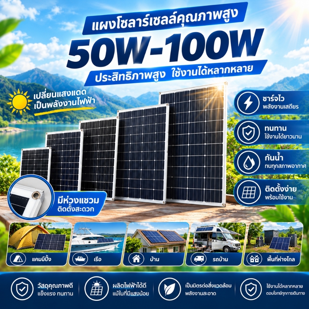แผงโซล่าเซลล์ แผงโซล่าเซลล์โมโน โซล่าเซลล์บ้าน 50W 100W ชาร์จแบตเตอรี่ ประสิทธิภาพสูง โมโนคริสตัลไลน