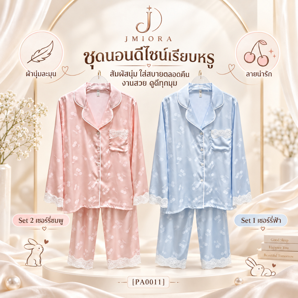 NEW! JMIORA ชุดนอนผู้หญิงแขนยาวขายาว #PA0011 ลายเชอร์รี่น่ารัก ผ้านุ่มลื่น ขอบลูกไม้ มี 2 สี ไซซ์ M–XL