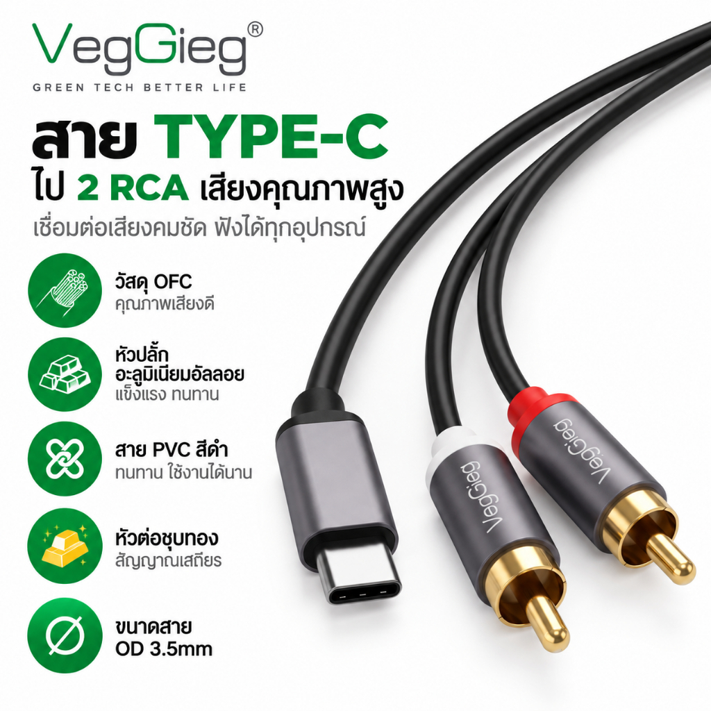 VegGieg สายเสียง Type C to RCA 2 ช่อง สาย Audio HiFi Stereo USB C ต่อเครื่องเสียง ลำโพง Amplifier OFC หัวชุบทอง OD3.5mm