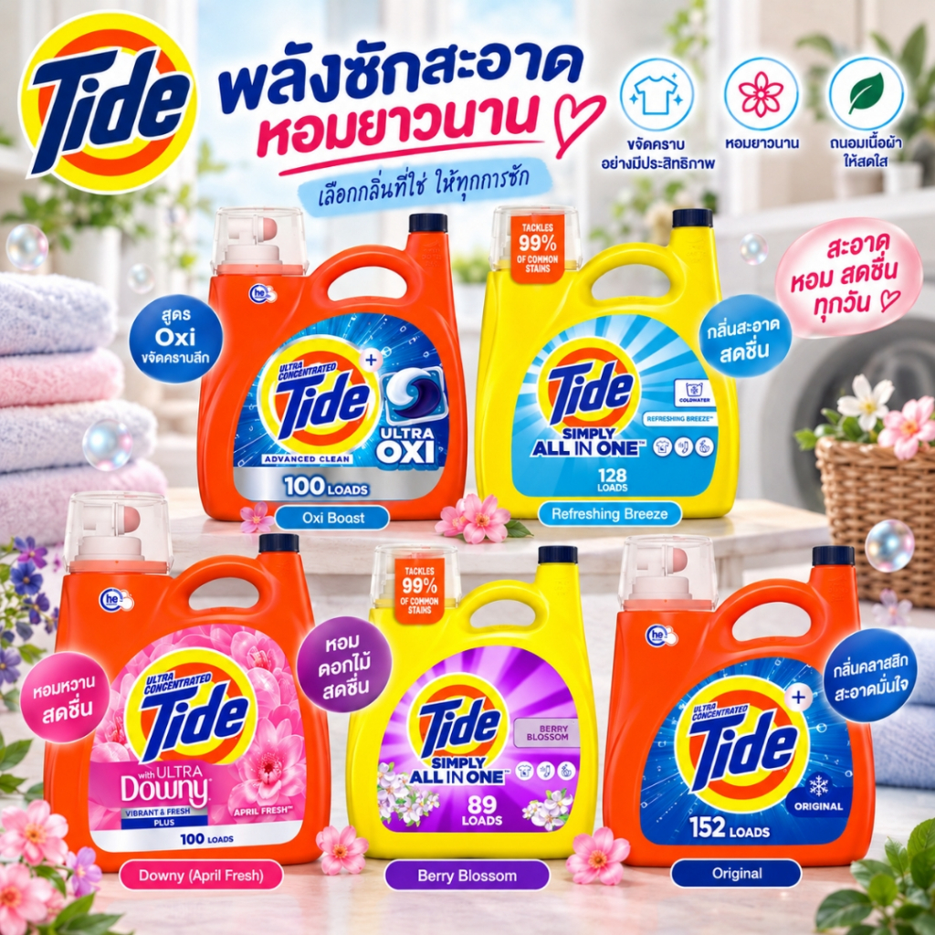 สะอาดล้ำลึกระดับพรีเมียม นำเข้า Tide Liquid Laundry Detergent - รวมสูตรขายดีจากอเมริกา (Original, Ultra Downy, Ultra