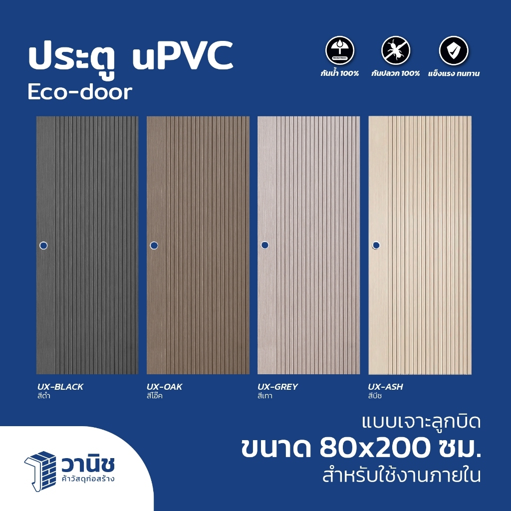 ประตู uPVC Eco-door รุ่น UX ขนาด 80 x 200 ซม. แบบเจาะลูกบิด มี 4 สี กันปลวก กันน้ำ 100% สำหรับใช้ภายใน