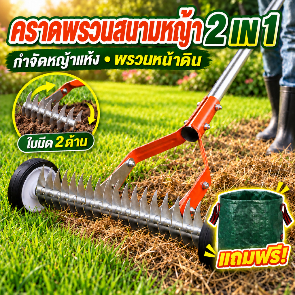 คราดหญ้า คราดสนามหญ้า 2 IN 1 กำจัดหญ้าแห้ง พรวนหน้าดิน ใบมีดสแตนเลส มีล้อ ด้ามยาว เครื่องมือทำสวน