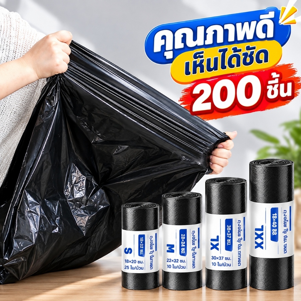 【200 ใบ】ขายส่ง ถุงดำ ถุงขยะ18×20 26×32 37×40 ถุงขยะหนาพิเศษ ไร้กลิ่น เหนียว หลายขนาด พร้อมส่ง