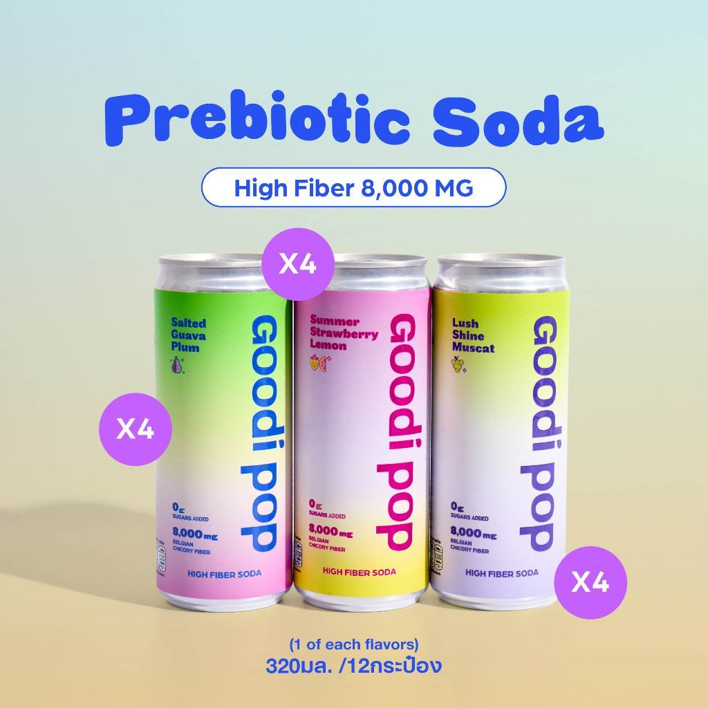 Goodi Pop โซดาพรีไบโอติก (Prebiotic Soda) Variety Pack 12 | ครบ 3 รส (4+4+4) | 8,000mg Chicory Inulin | 0 Sugar Added รูปที่ 1