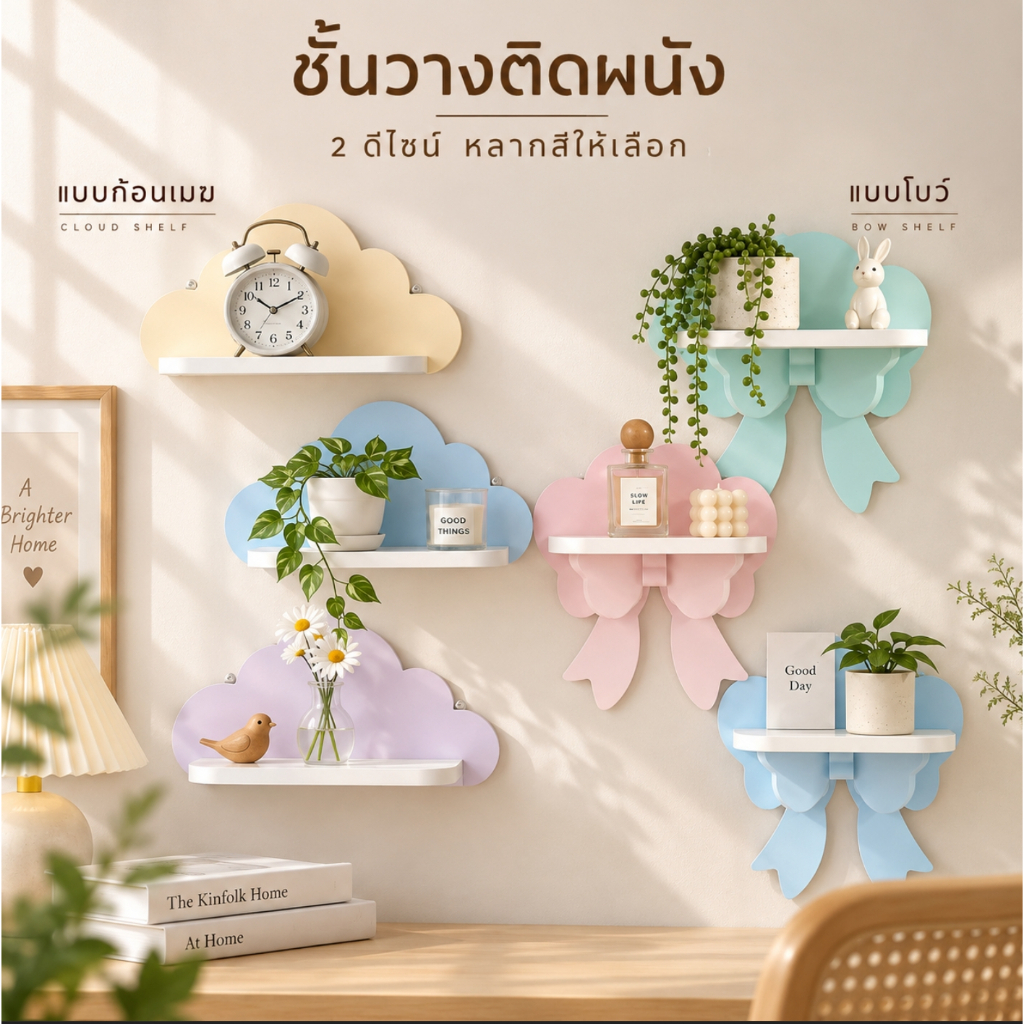 ชั้นวางเมฆ ชั้นวางโบว์20x13cm  ชั้นวางของติดผนังรูปก้อนเมฆ ชั้นไม้ติดผนัง 4 สี ชั้นวางของจิ๋ว สไตล์พาสเทล มินิมอล