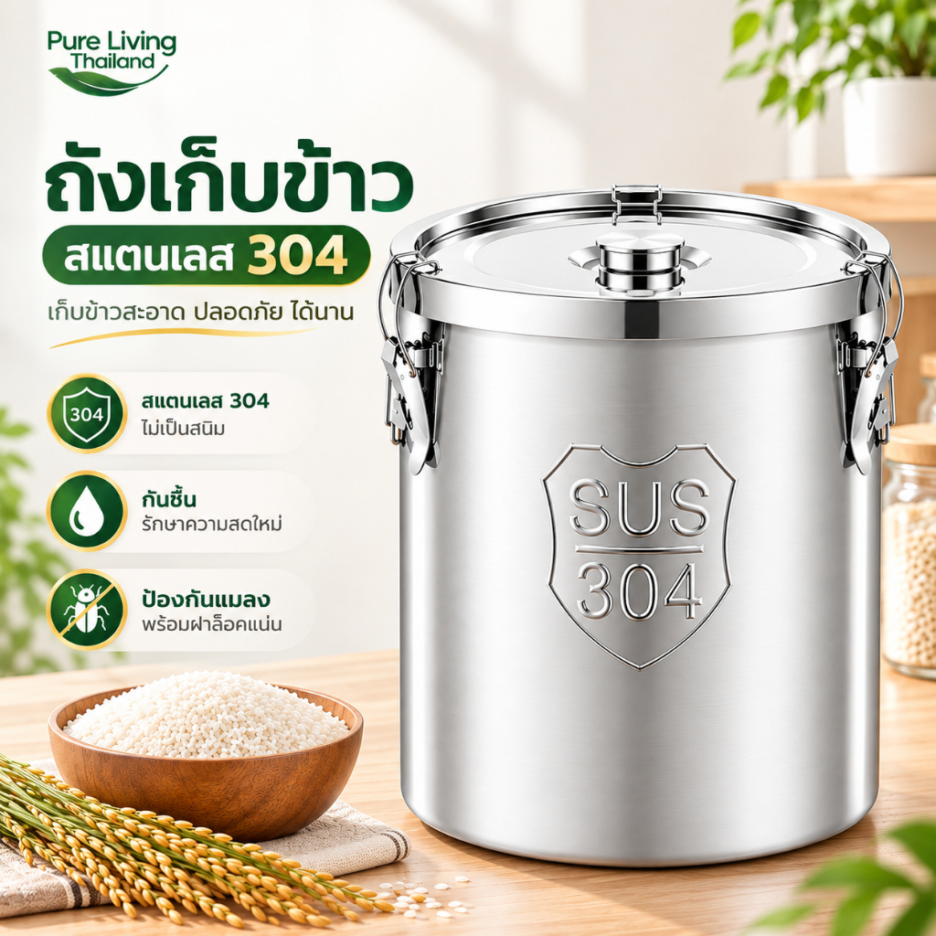 ถังเก็บข้าวสารสเตนเลส 304 เนื้อหนาพิเศษ ฝาซีลสูญญากาศ กันมดกันชื้น เหมาะสำหรับเก็บของแห้งและธัญพืช