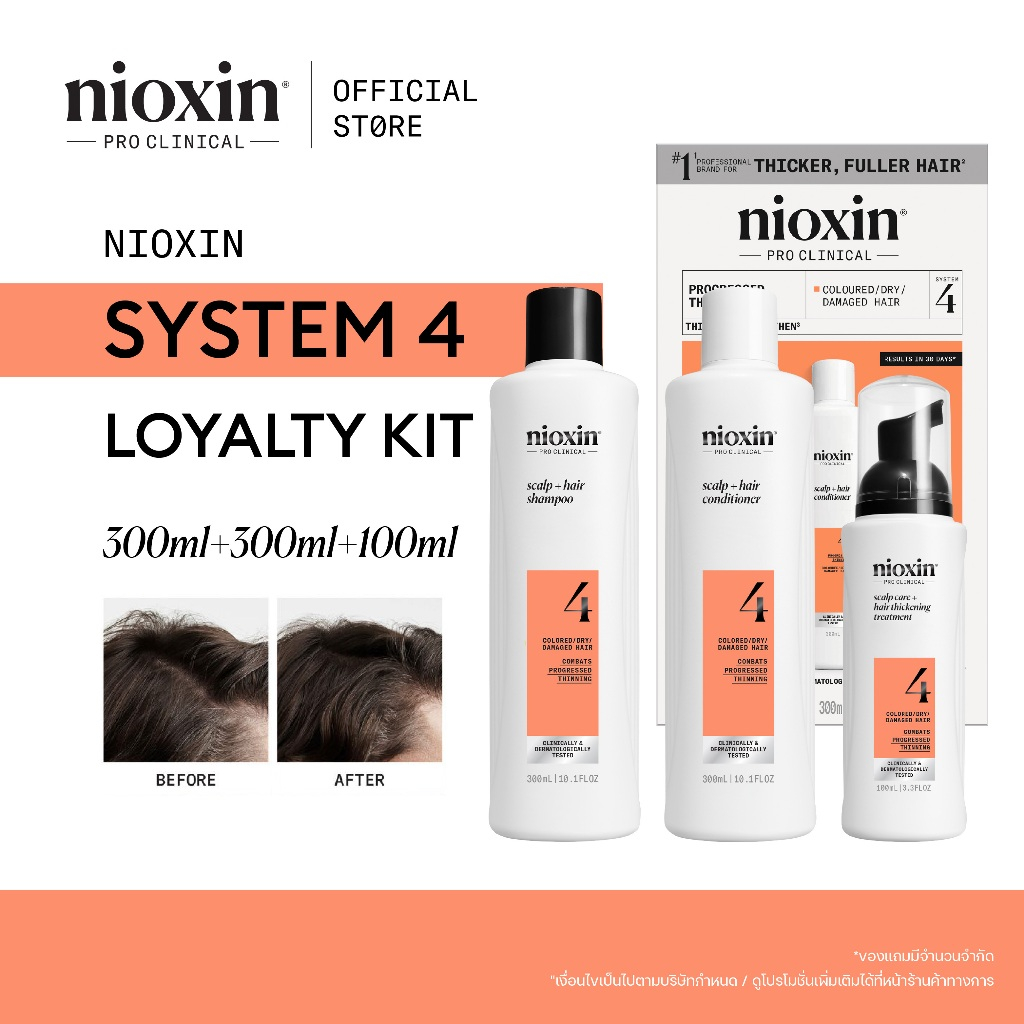 NIOXIN System 4 Kit ผมบางชัดเจน ผมทำสี/ดัด-ยืด/ฟอก เซ็ต 3 ชิ้น (ไนอ๊อกซิน แชมพูผมบาง เซรั่มผมบาง) ขนาด 300ml