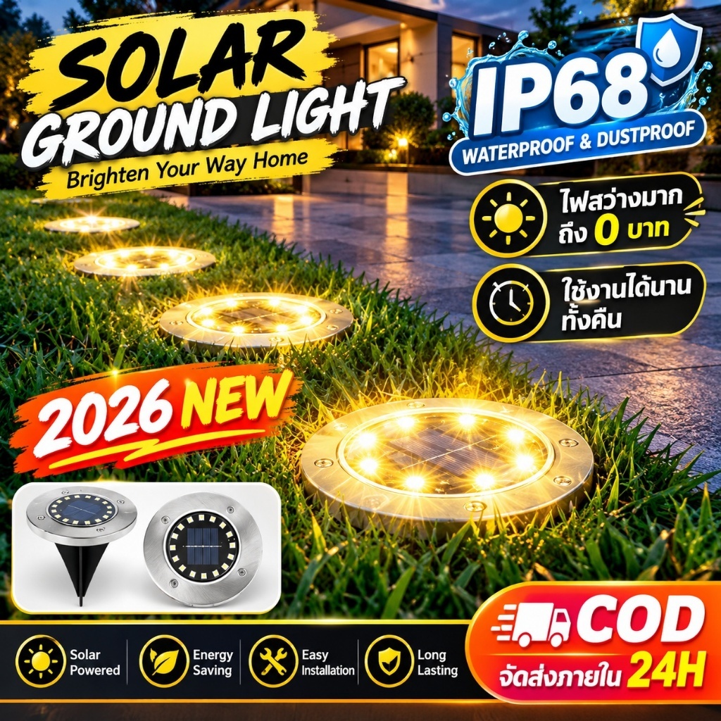 ไฟโซล่าเซลล์ปักสนาม LED แสงวอร์มไวท์ 360° โคมไฟแต่งสวน โคมไฟปักดิน กันน้ำ สำหรับสนามหญ้า ทางเดิน ลานบ้าน