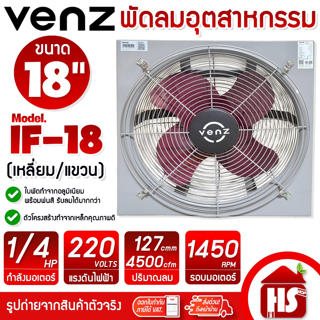 VENZ พัดลมอุตสาหกรรม พัดลมเหลี่ยมแขวน ขนาด 18 นิ้ว รุ่น IF-18 ใบพัดแดง พัดลมดูดควัน มีตะแกรง (หมุนกลับทาง)