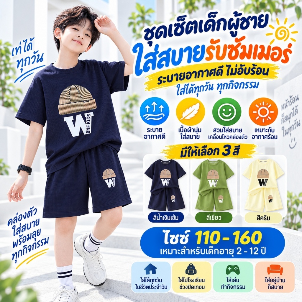 เสื้อผ้าเด็กผู้ชาย ชุดเซ็ตเด็ก เสื้อยืดแขนสั้น กางเกงขาสั้น ลายแฟชั่น ใส่สบาย เด็ก 1-12 ปี