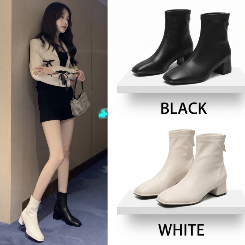 พร้อมส่งจากไทย-PU Short Boot รองเท้าหนังแฟชั่นรองเท้าส้นสูงสำหรับผู้หญิง