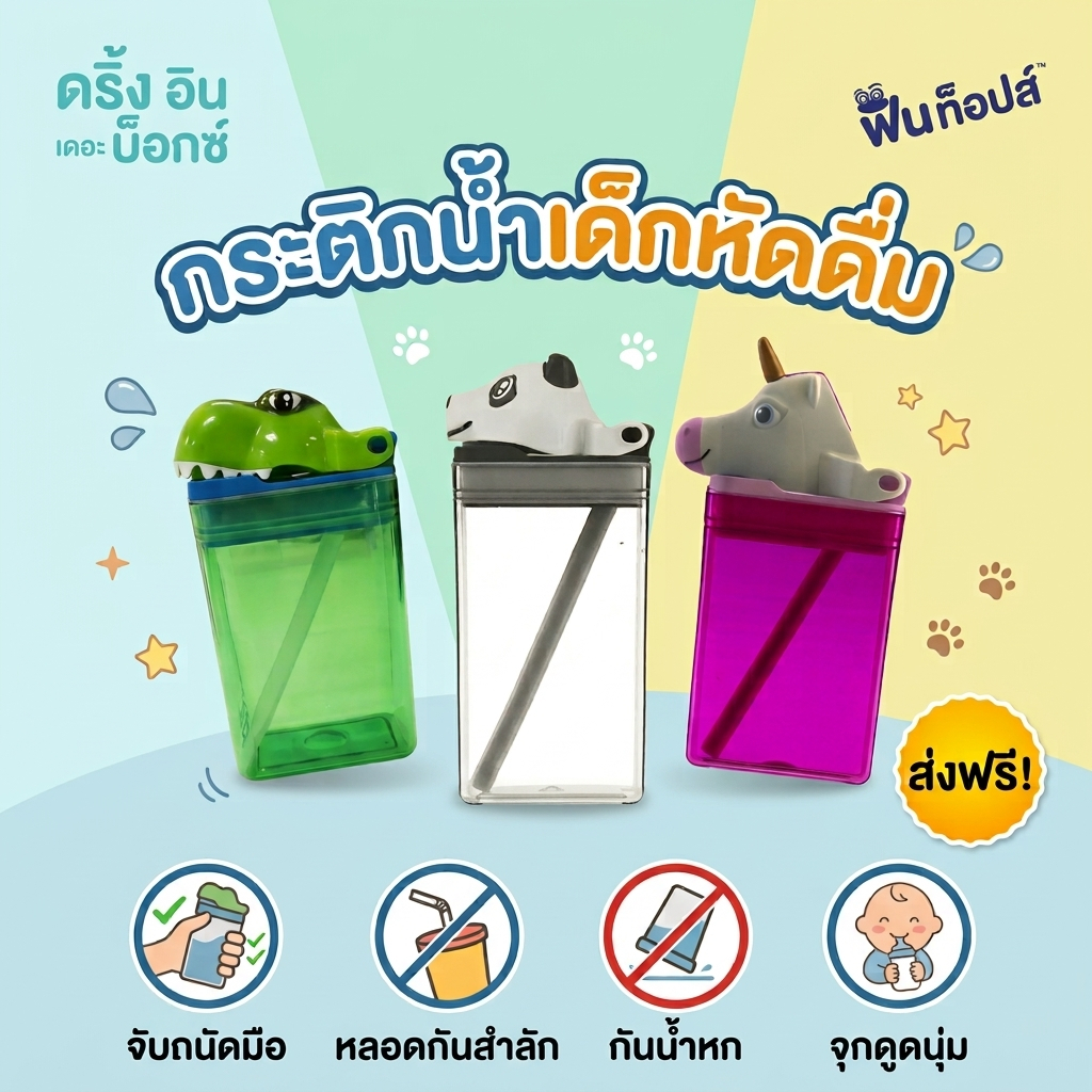 Drink in the box Gen3 กระติกน้ำเด็กหัดดื่ม รุ่น Fun Tops 8/12oz ลายฮิปโปหมูเด้ง ยูนิคอน แพนด้า