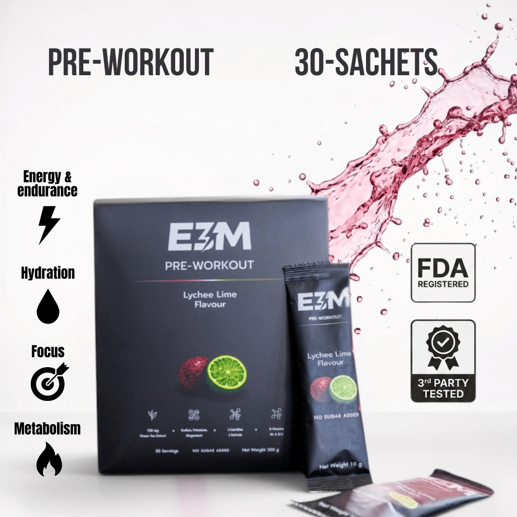 E3M Pre Workout (30 ซอง) ชงดื่มก่อนออกกำลังกาย เวทเทรนนิ่ง คาร์ดิโอ เกลือแร่ อิเล็กโทรไลต์ คาเฟอีนธรรมชาติ ไม่เติมน้ำตาล