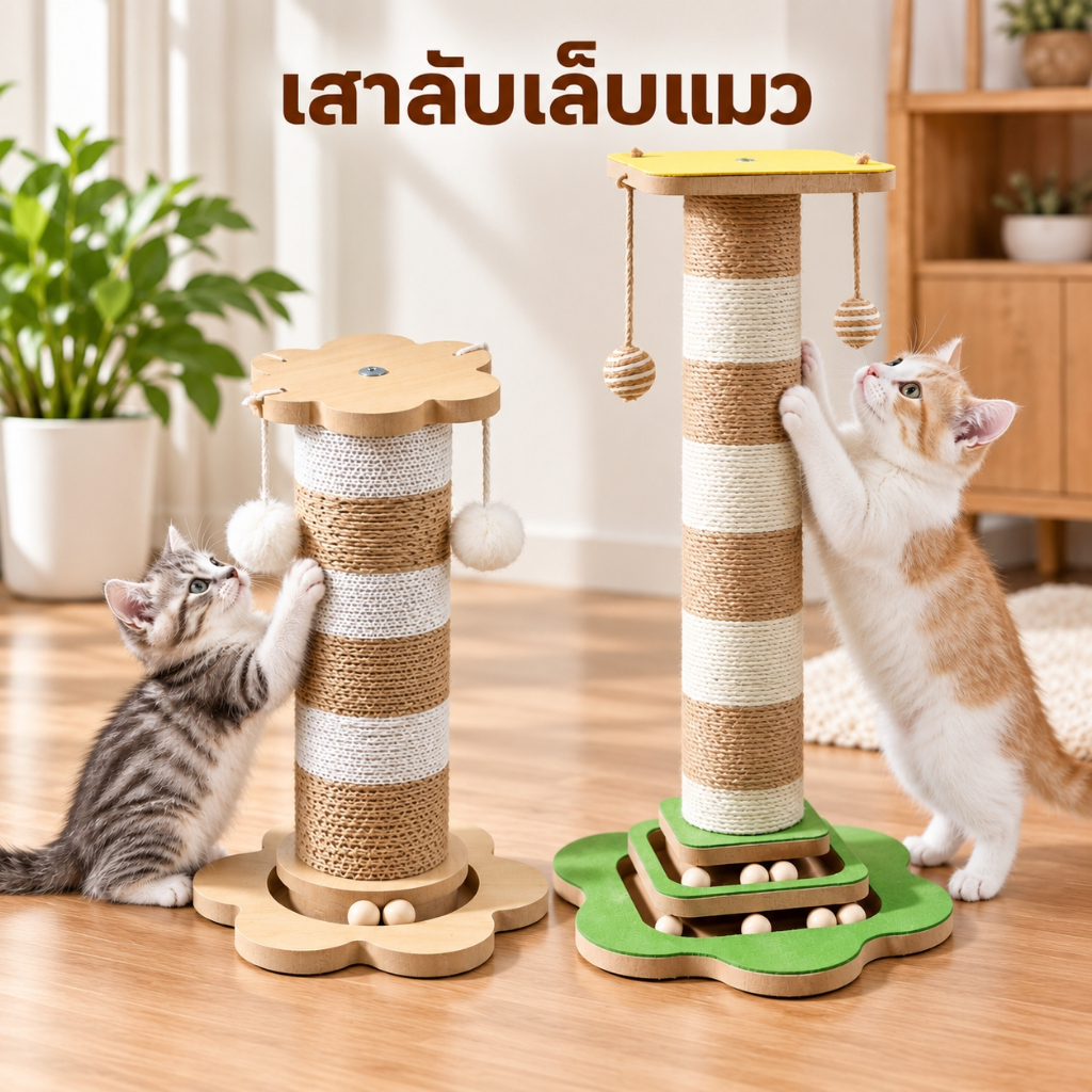 ของเล่นแมว รางบอลแมว เสาลับเล็บแมว พร้อมลูกบอล น้ำตาล-ขาว ที่ลับเล็บแมว ลูกฟูก