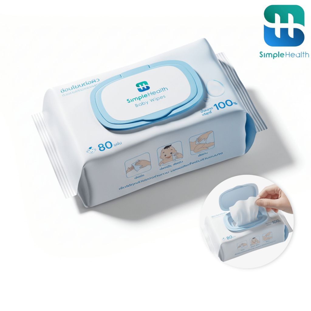Simple Healthcare ทิชชู่เปียกเช็ดมือเช็ดปาก สูตรสะอาดหมดจด Baby Wipes แบบพกพา 80 แผ่น