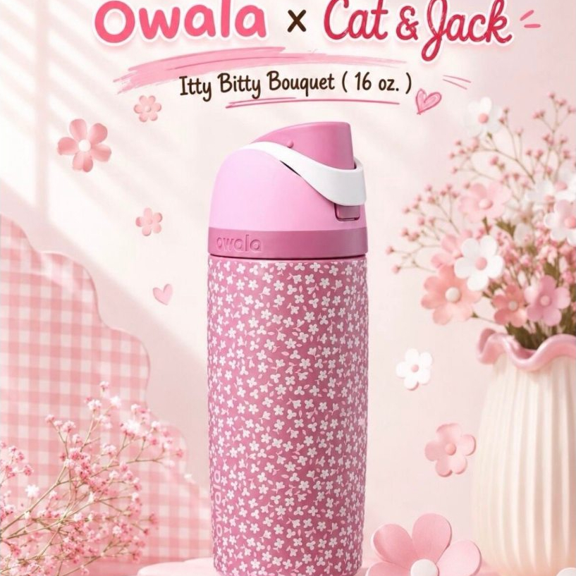 (พร้อมส่ง ของแท้100%) Owala Cat&Jack FreeSip Kid's 16oz Itty Bitty Bouquet แก้วน้ำสแตนเลสพร้อมหลอดดูด
