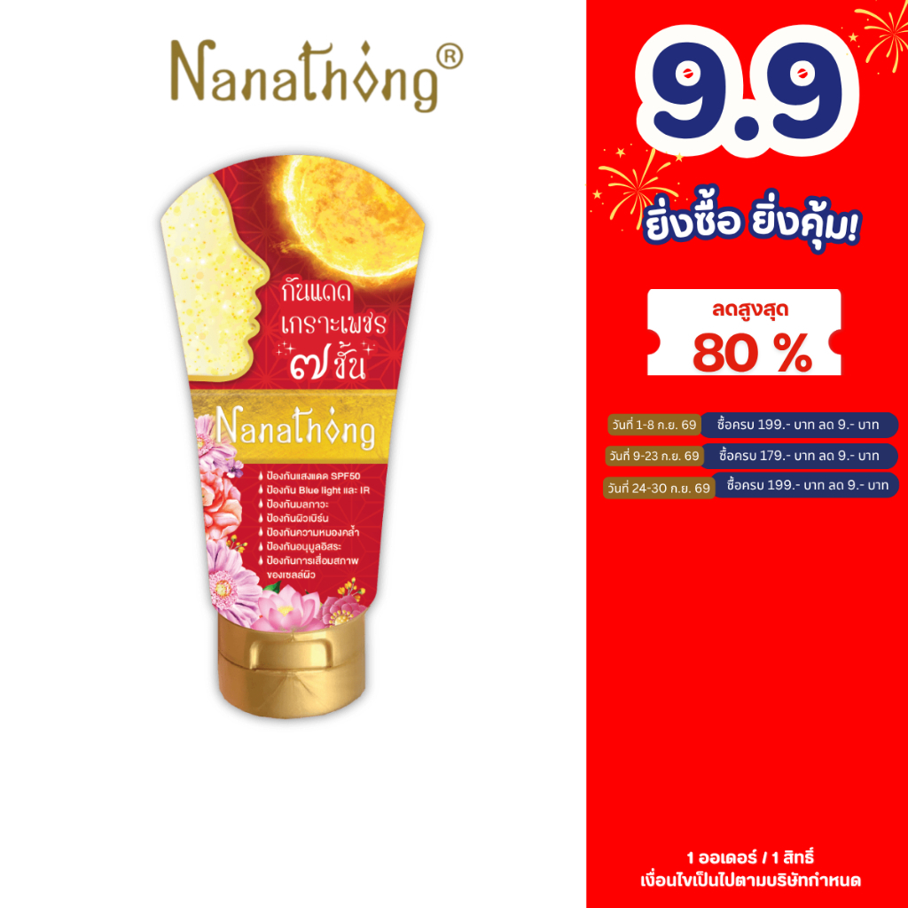 นานาทอง ไวท์เทนนิ่งโปรเทคเตอร์ไดมอนด์ซันสกรีน เอสพีเอฟ50+ 50 ก.NANATHONG WHITENING PROTECTOR DIAMONDSUNSCREEN SPF50+