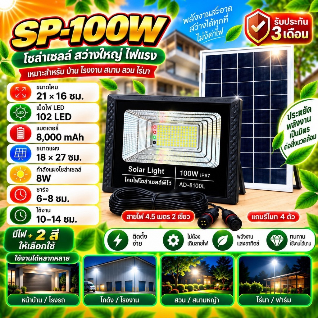 ไฟโซล่าเซล 100W ไฟสปอร์ตไลท์ ไฟพี่โบ้  ไฟพลังงานแสงอาทิตย์ ไฟโซล่าเซลล์ โซล่าเซล ไฟจัมโบ้ solarcell solar light ค่าไฟ 0
