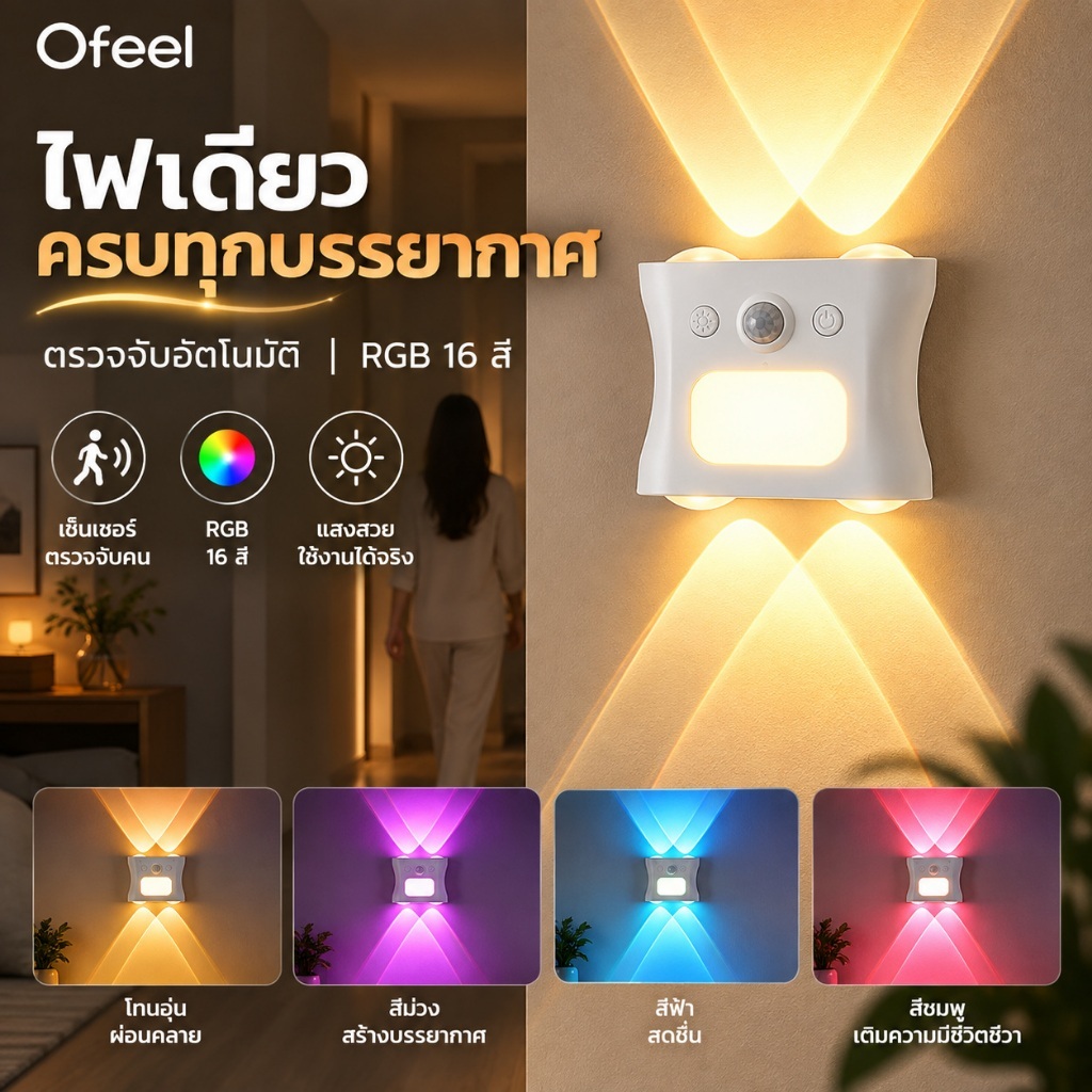 Ofeel ไฟเซ็นเซอร์ติดผนัง RGB 16 สี 3 โทนแสง รีโมท 120° ไฟกลางคืนไร้สาย สำหรับห้องนอน ทางเดิน บันได
