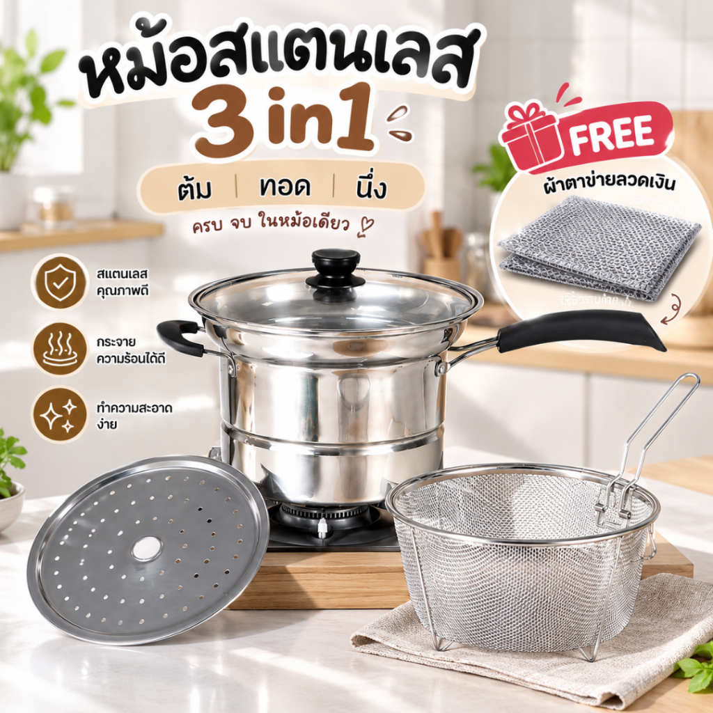 (ของแถม)ส่งไว หม้อสเตนเลส ใบเดียวคุ้ม 3In1 ชุดหม้ออเนกประสงค์ หม้อมีด้ามจับ ใช้ได้กับทุกเตา