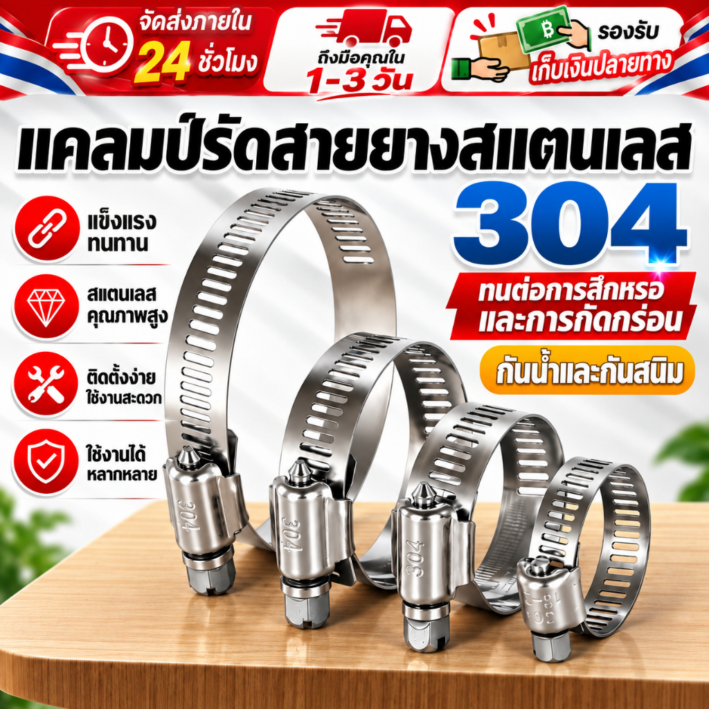 【ส่งด่วนจากไทย】COD แคลมป์รัดสายยางสแตนเลส 304 เข็มขัดรัดท่อ ปรับขนาดได้ กันสนิม แข็งแรง ทนทาน สำหรับรถยนต์ ประปา งานช่าง