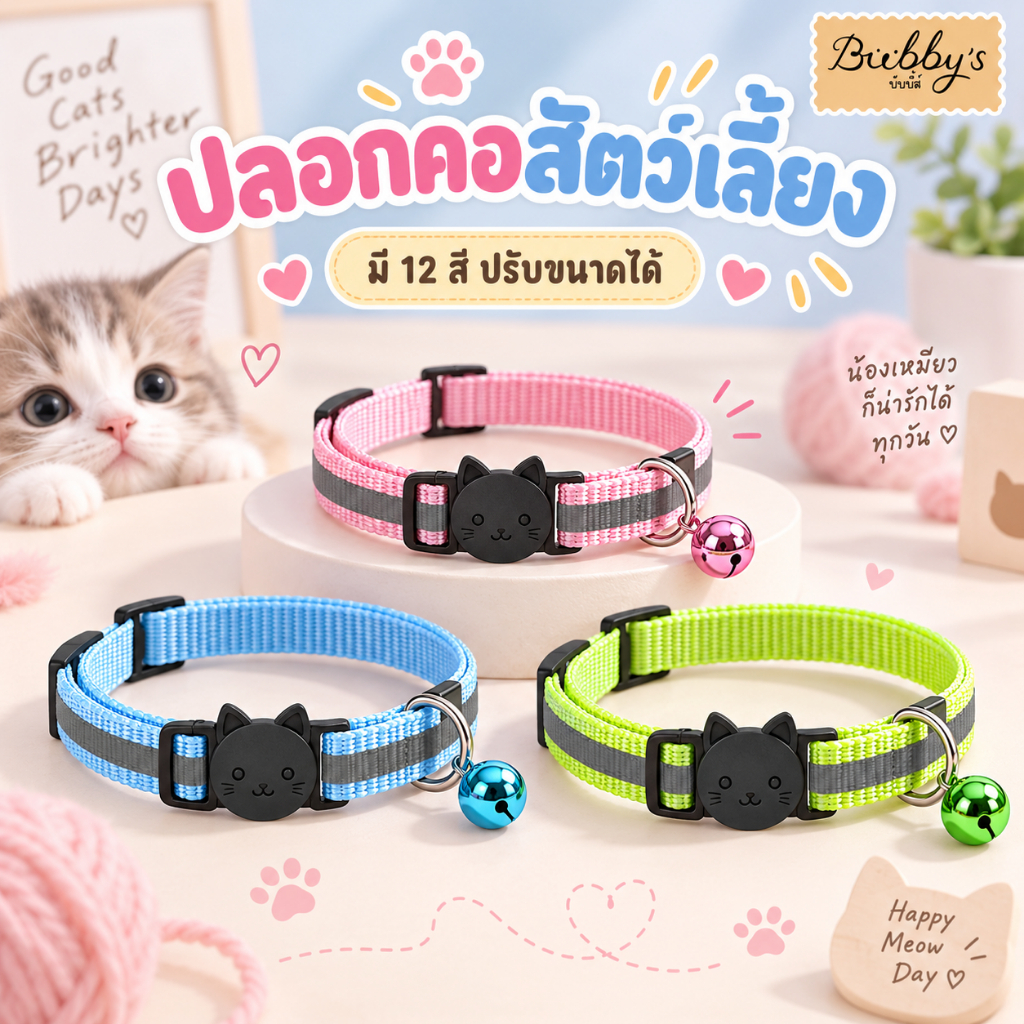 AL-139 Bubby's ปลอกคอสัตว์เลี้ยง มี 12 สี ปรับขนาดได้ (สายสะท้อนเเสง ตัวล็อกสีดำหน้าแมว) บับบี้ Bubby By Anna&Louise